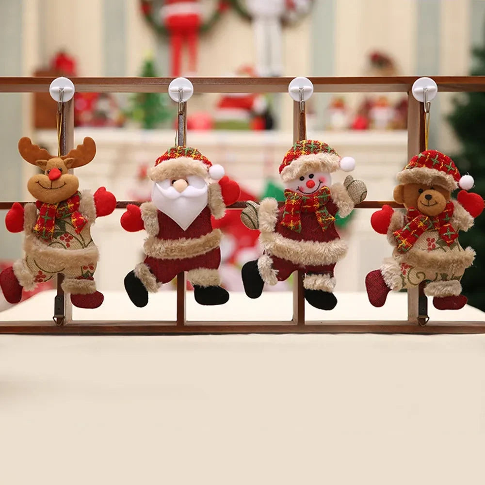 4-Piece Plush Christmas Hanging Ornament Set with Burlap Bodies, Faux Fur Trim and Flannel Scarves