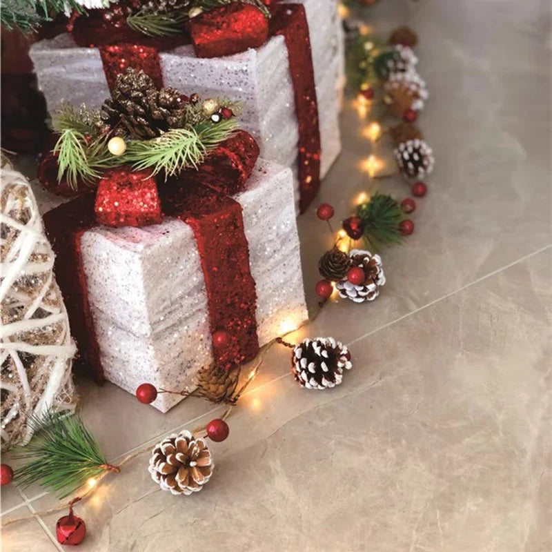 Battery Operated Warm White LED Christmas Garland String Lights with Pine Cones
