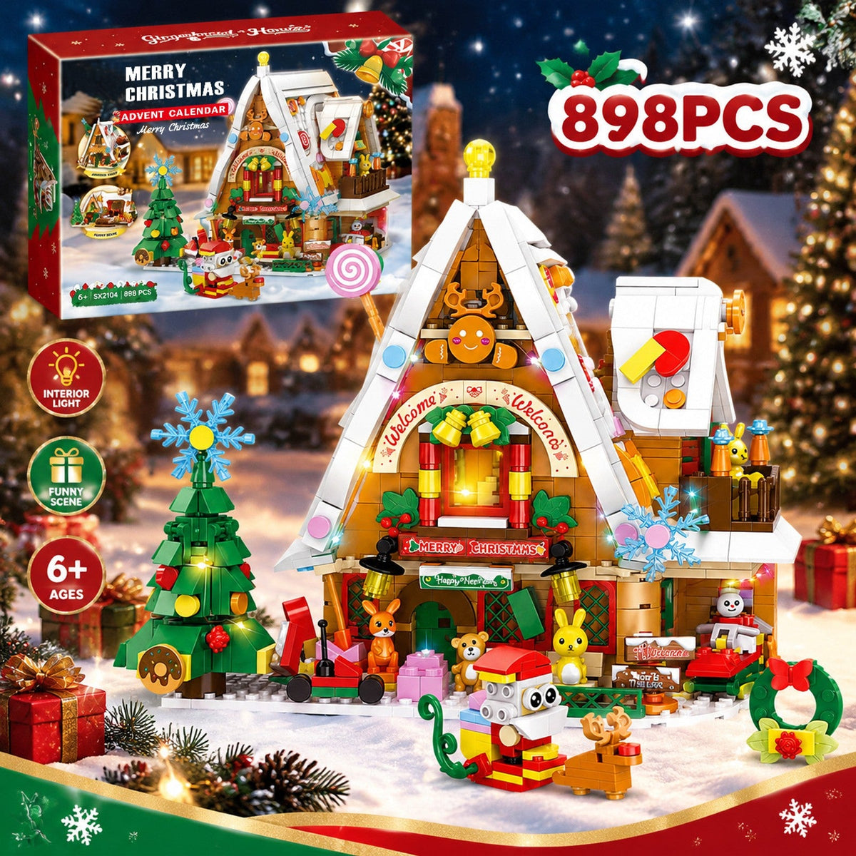 Snow House Building Block Advent Calendar, 898 Pieces with Interior Light