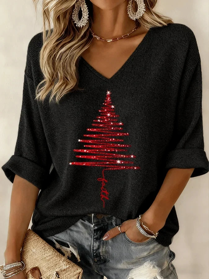 Chemisier en maille à col en V avec imprimé de Noël