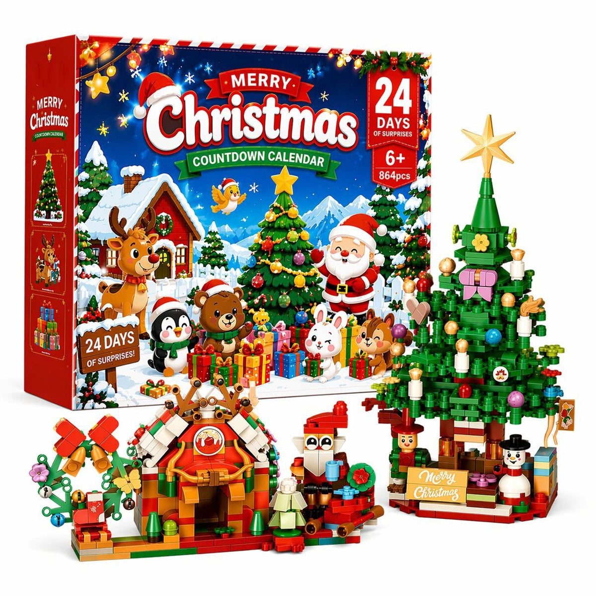 Christmas Scene Building Block Advent Calendar, 864 Pieces, House, Santa and Tree