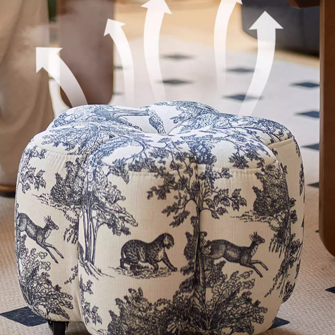 Contemporary Retro Flower-Shaped Rolling Footstool with Pine Wood Frame, Faux Oil-Waxed Leather or Cotton Linen Ottoman for Living Room