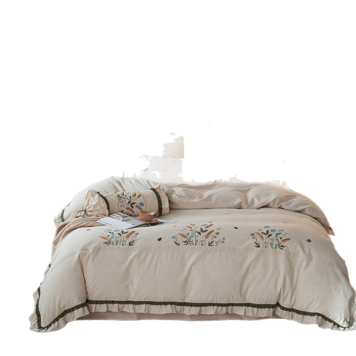 Cotton-Linen Bedding Set with Hand-Embroidered Wildflower Motif and Ruffles