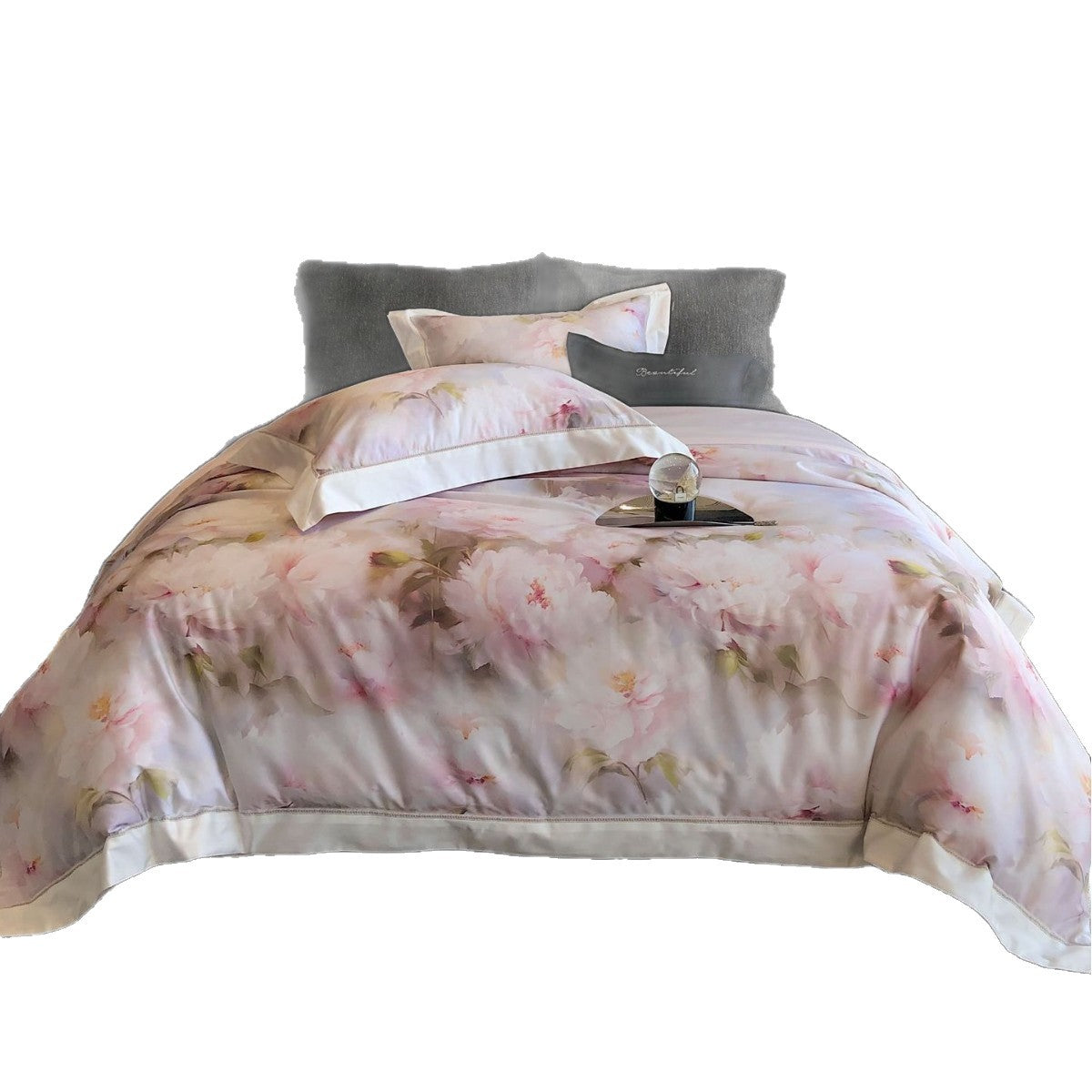 Cotton Sateen Bedding Set with Watercolor Peony Print and Satin Border