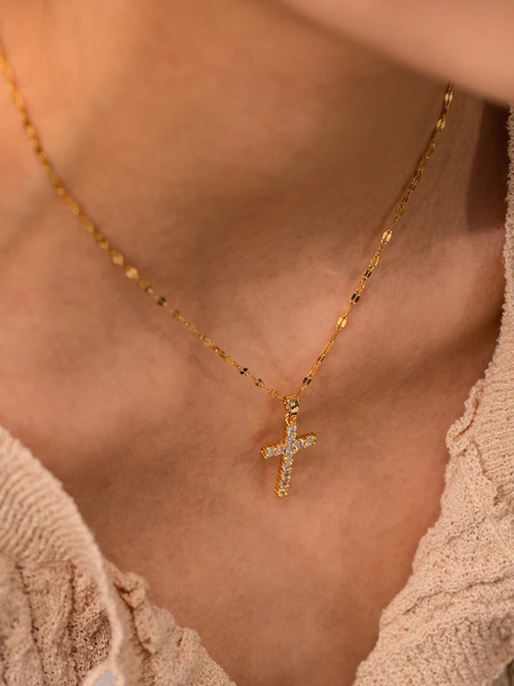 Cross Necklace with Gold Finish Shiny Zirconia and Spiritual Style