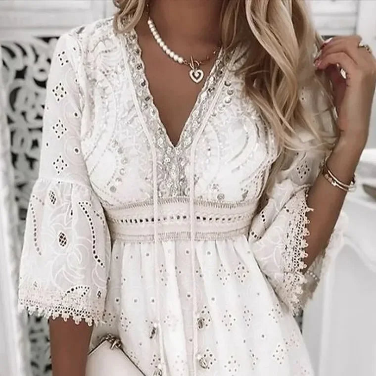 Davy | Women's Broderie Mini Dress with Flare Sleeves
