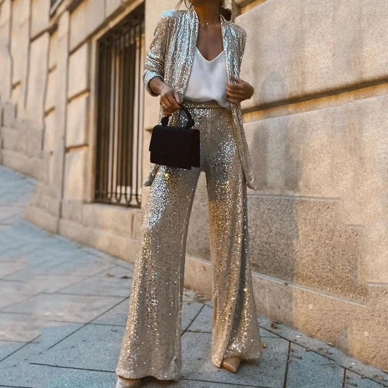 Davy | Women's Sequin Blazer and Wide-Leg Pants Set