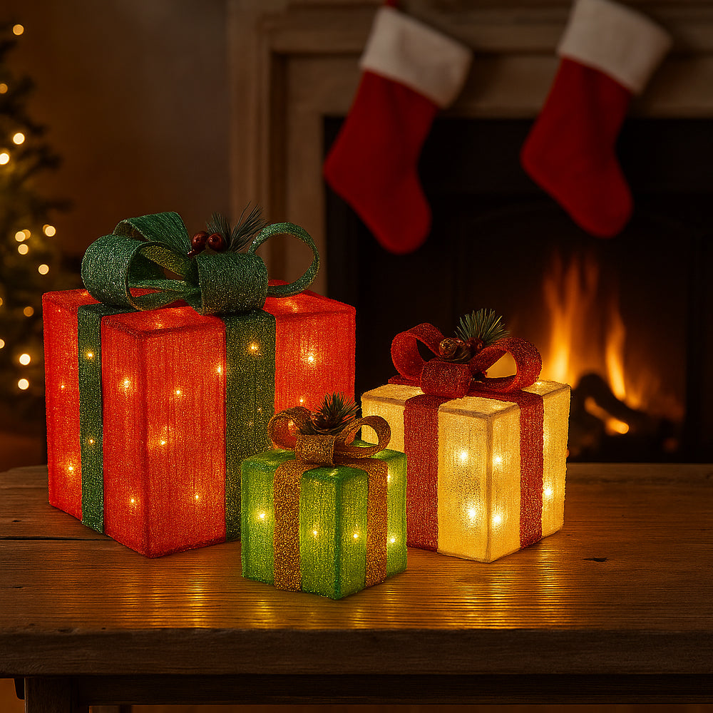 LED Gift Boxes - Set of 3 - Red, Green & Yellow