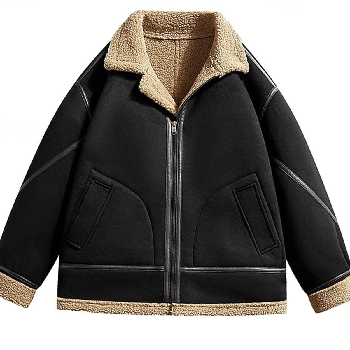 Blouson aviateur pour hommes en laine doublé de sherpa, à fermeture zippée intégrale