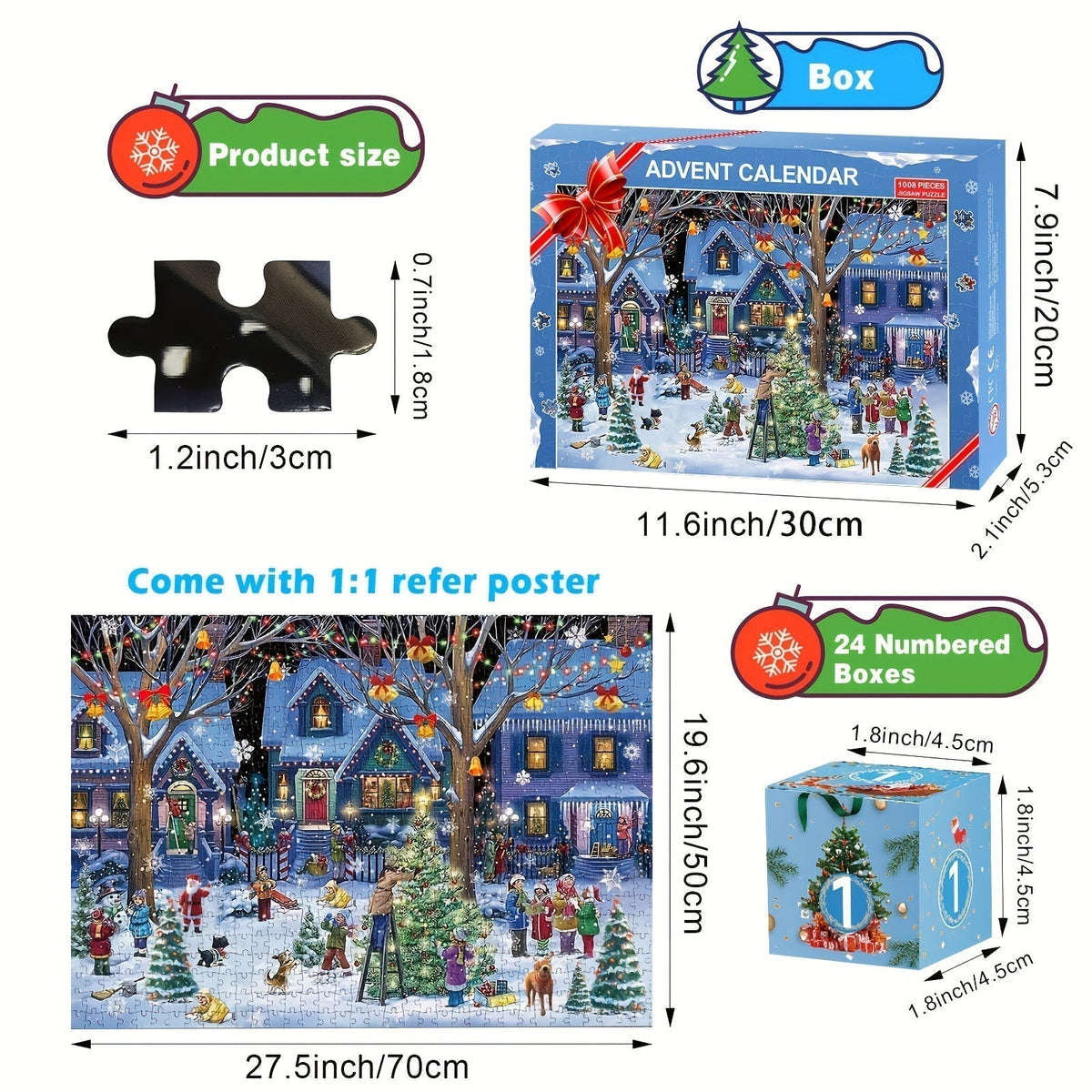 Calendrier de l'Avent sous forme de puzzle représentant un village de Noël moderne