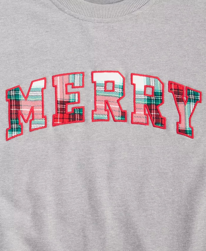 Plaid Merry Appliqué Crew Neck Sweatshirt with Soft Stretch for Holiday Wear