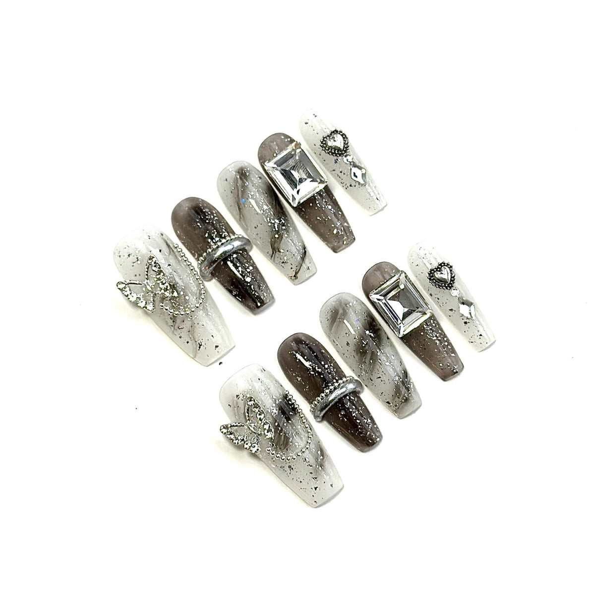 Press-On Nail Set with Geometric Rhinestone Accents