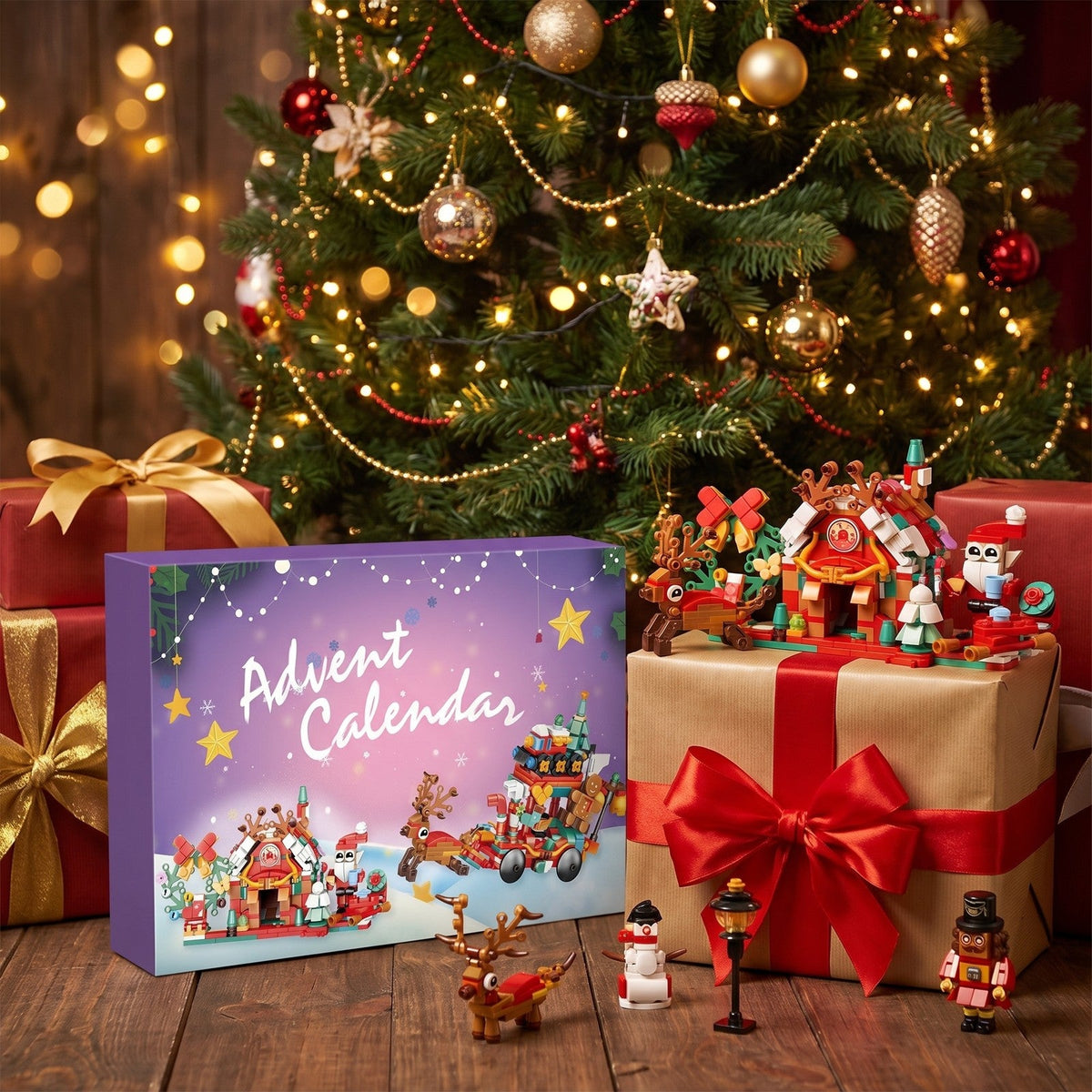 Christmas Village Building Block Advent Calendar, Santa's Reindeer Sleigh and House