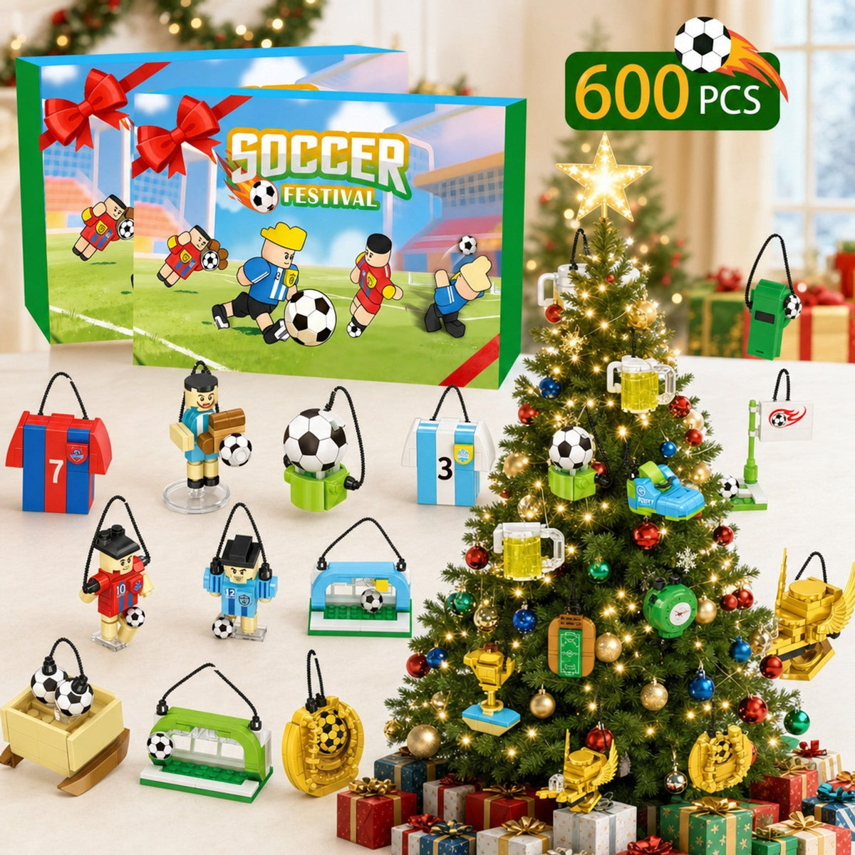 Soccer Building Block Advent Calendar, 600 Pieces, Players, Goal and Trophies to Hang