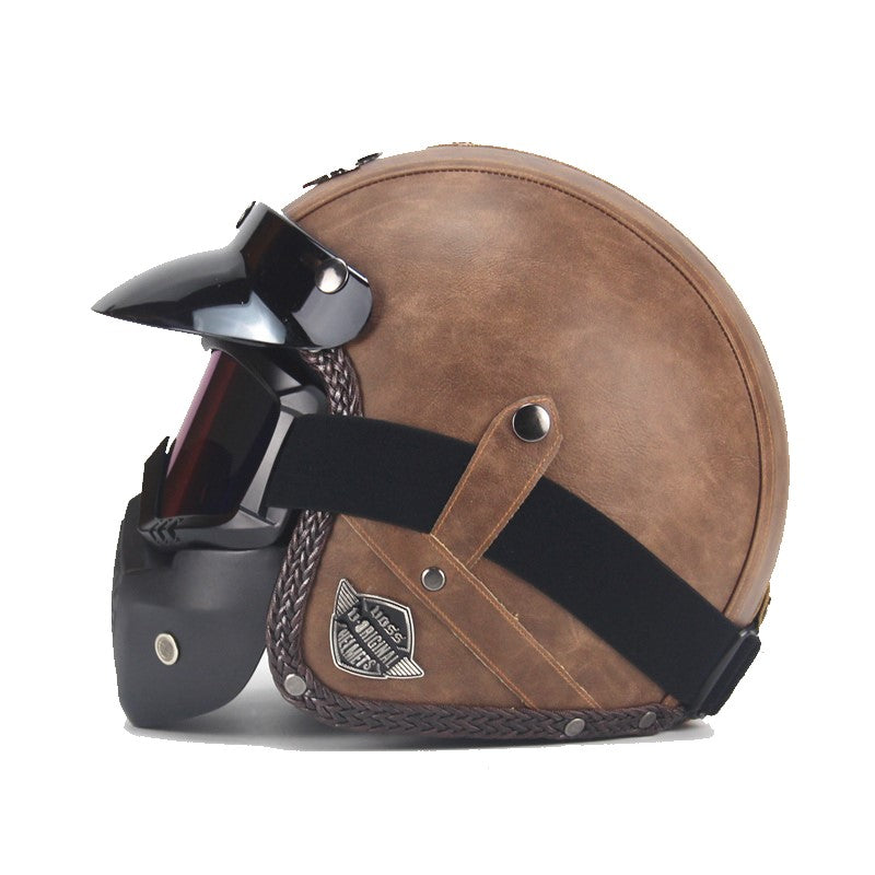 Vintage PU Leather Motorcycle Helmet with Face Mask Glasses