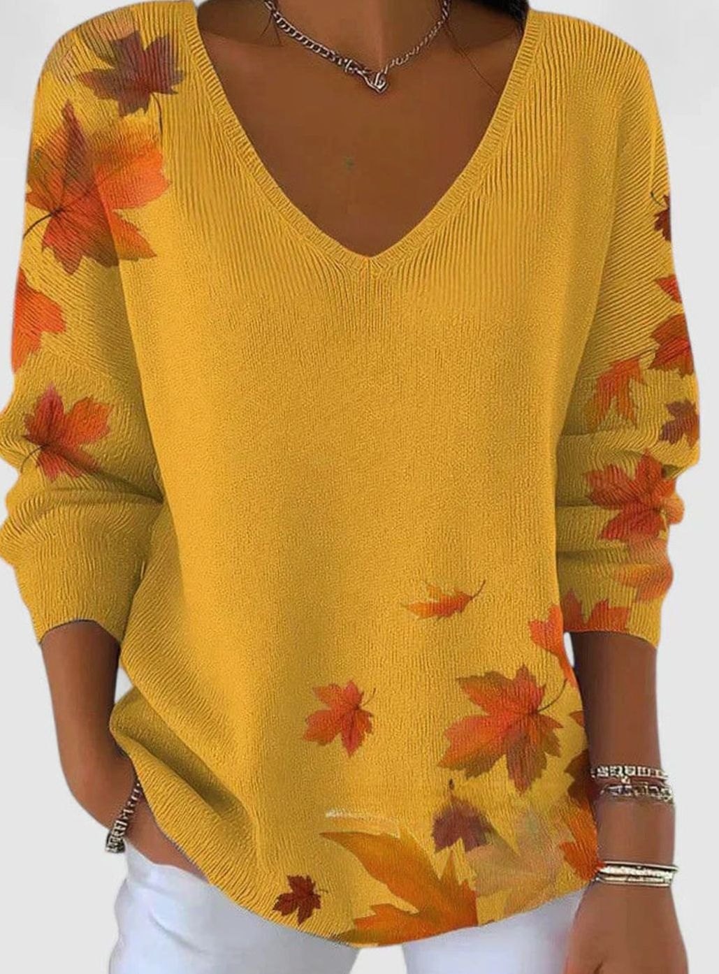 Pull pour femme à manches longues et col en V, imprimé feuilles d'érable automnales