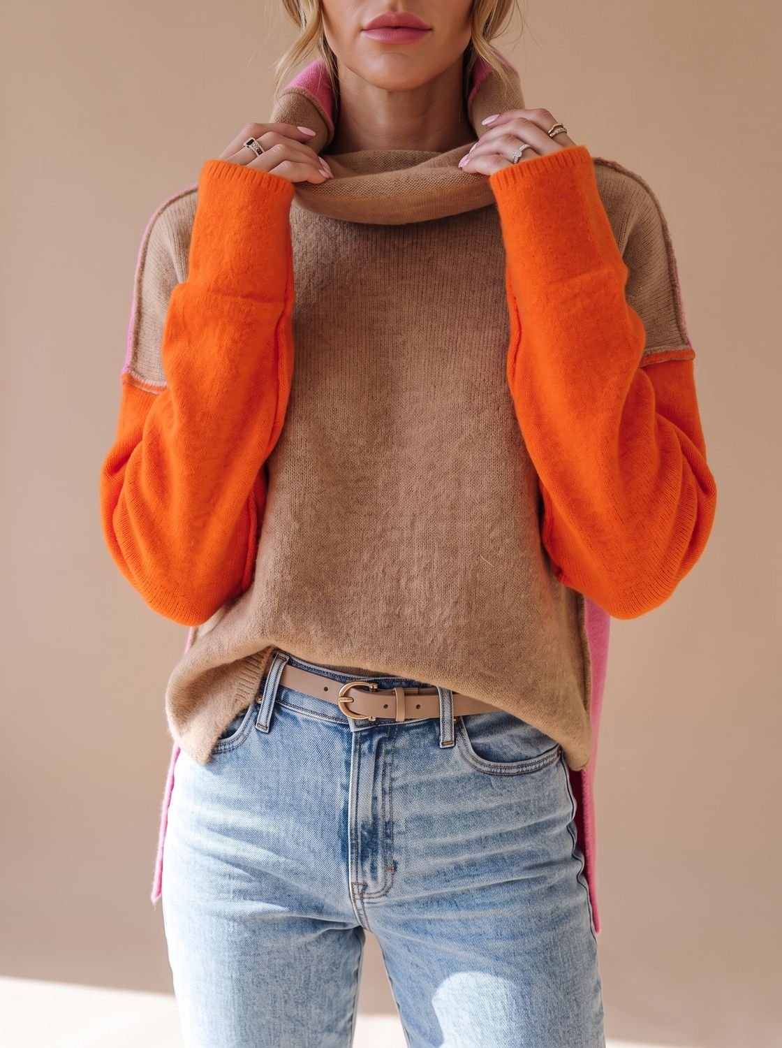 Women's Colorblock Turtleneck Relaxed-Fit Knit Sweater