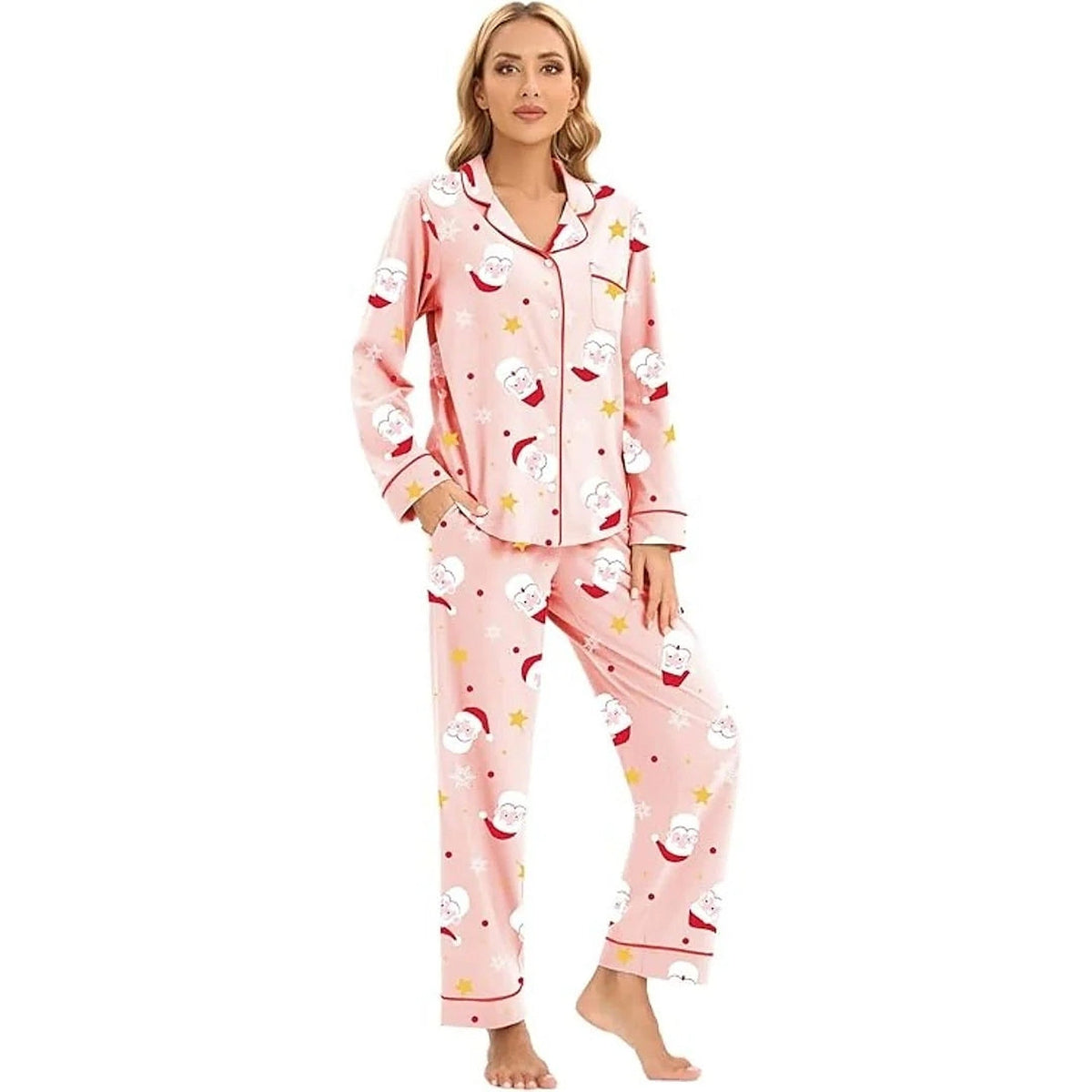 Pyjama en coton pour femme - Ensemble de Noël à manches longues avec fermeture boutonnée