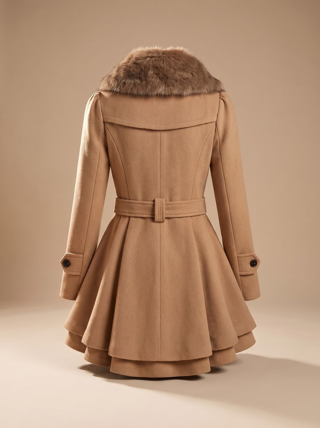 Long manteau en laine pour femme à double boutonnage, ceinturé, avec col en fausse fourrure
