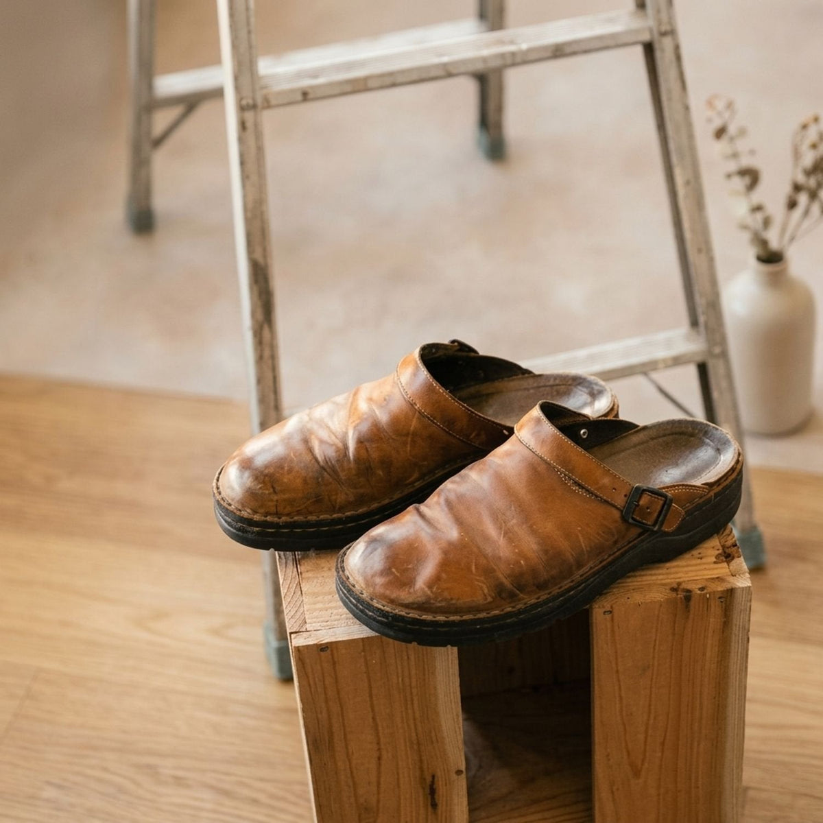 Women's Flat Leather Buckle-Strap Slip-On Mule Clogs