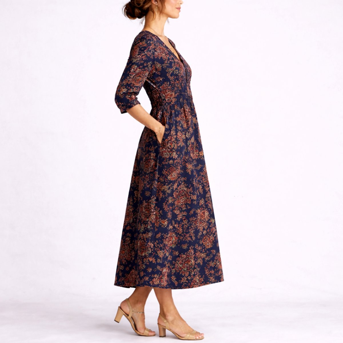 Women's Floral Linen V-Neck Dress for Autumn Wedding Guests