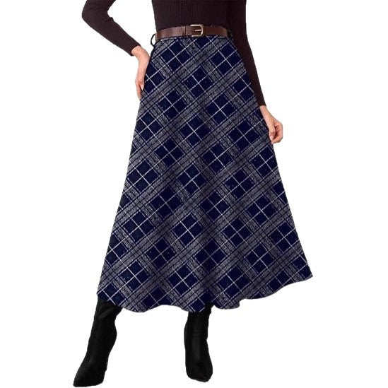 Women's High-Waist Checked A-Line Midi Skirt with Side Pockets