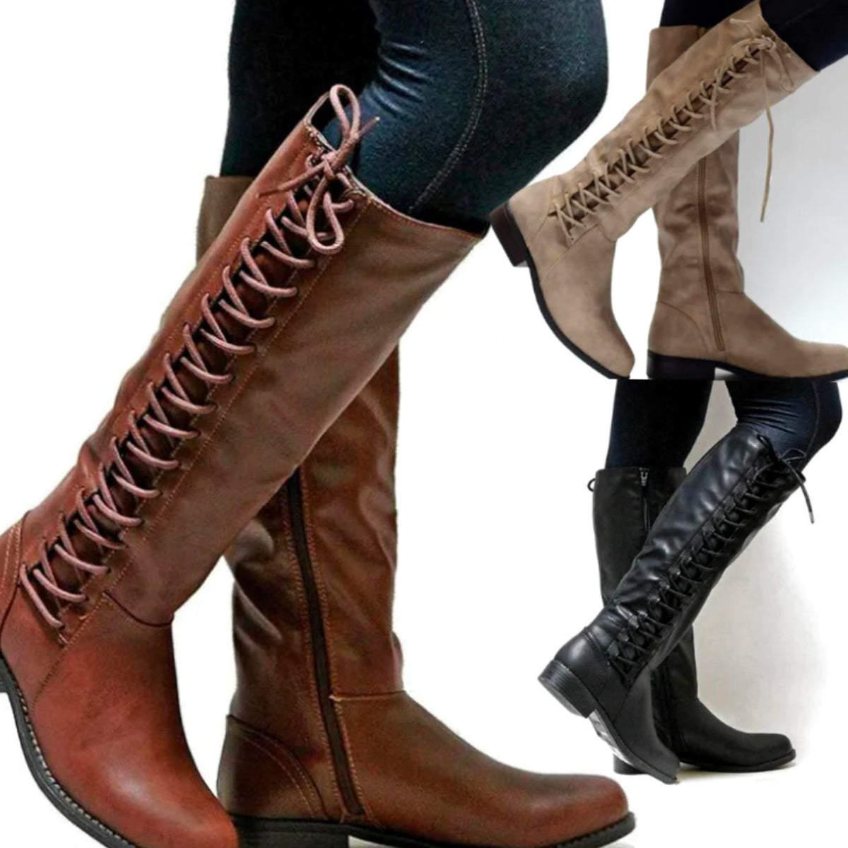 Women's Knee-High Boots with Back Lacing and Low Block Heel
