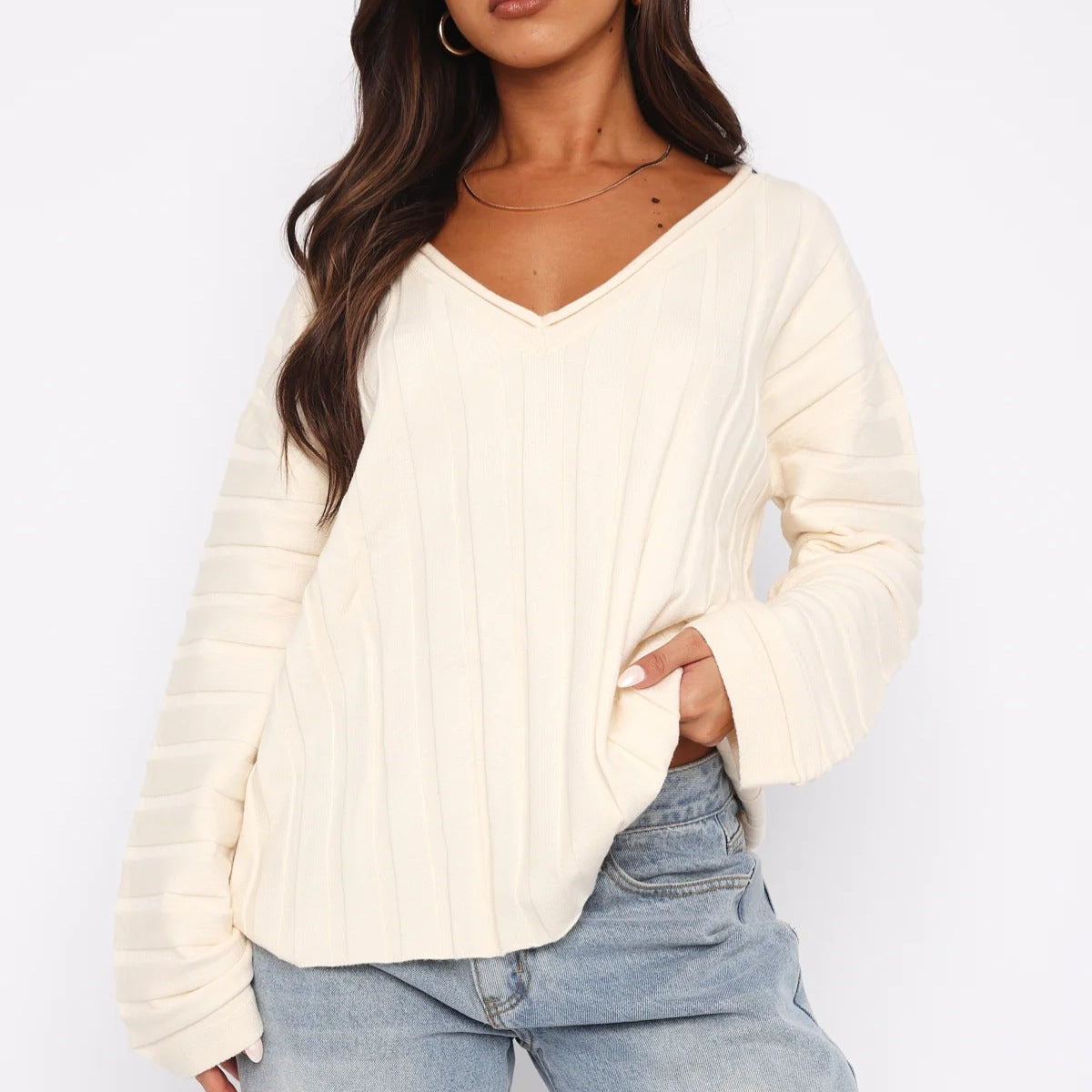 Pull à manches longues à col en V pour femme