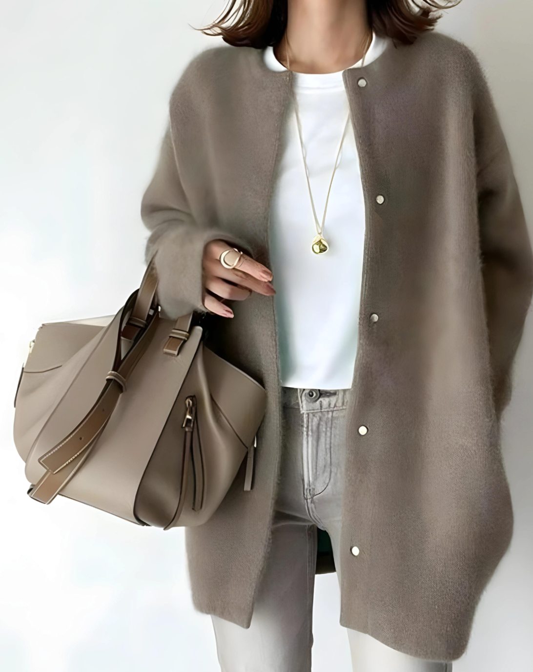 Cardigan long à col rond, coupe décontractée, avec boutons-pression, pour femme