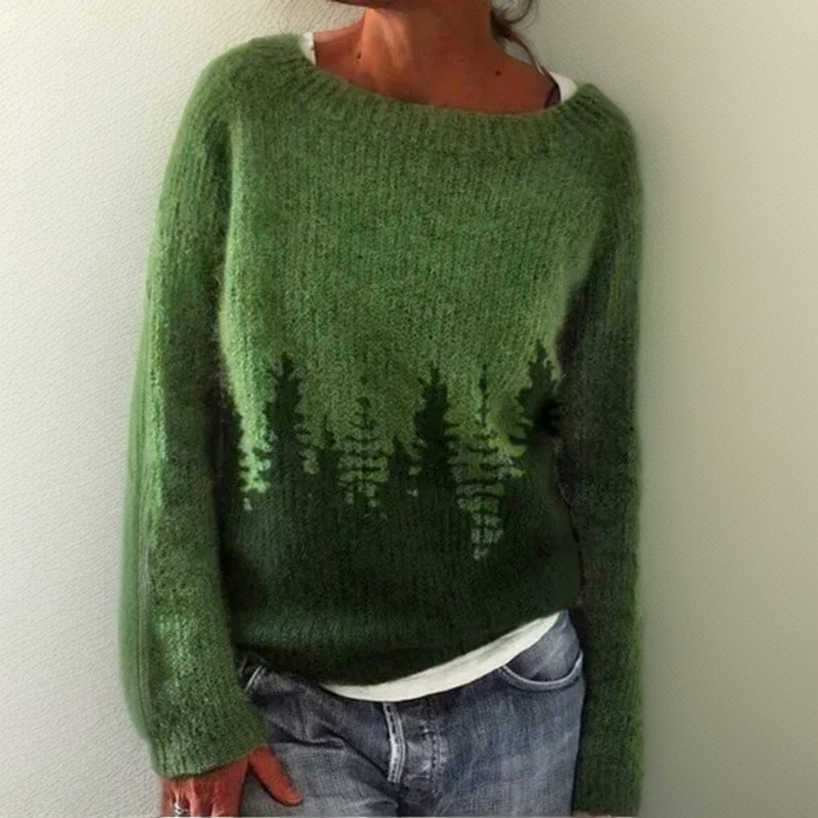 Pull en maille oversize à col rond et imprimé forestier pour femme