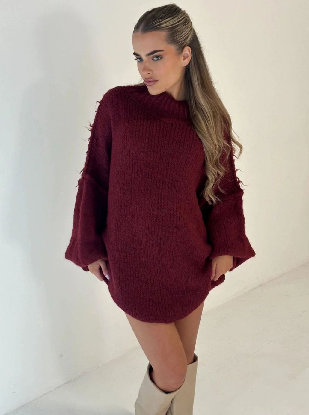 Pull oversize ample en maille ajourée à col montant pour femme