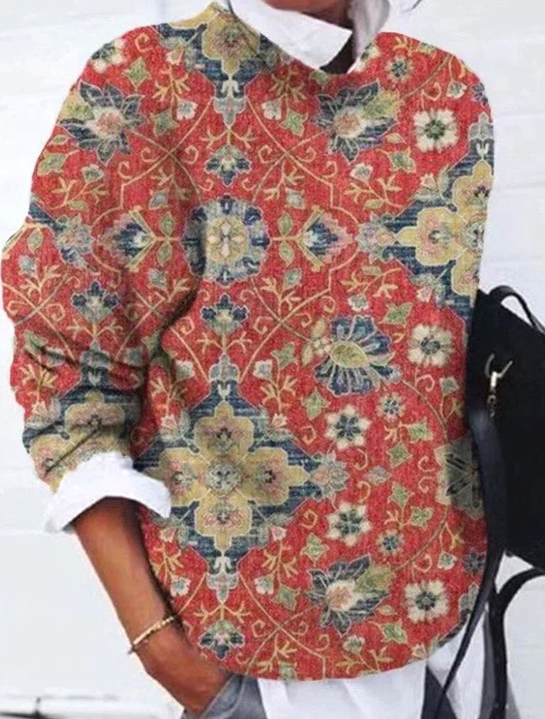 Women's Retro Floral Long-Sleeve Knit Jumper
