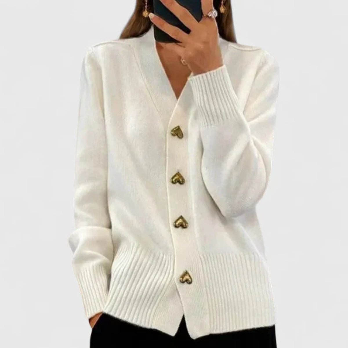 Gilet cardigan en maille à col en V et boutons cœur dorés pour femme