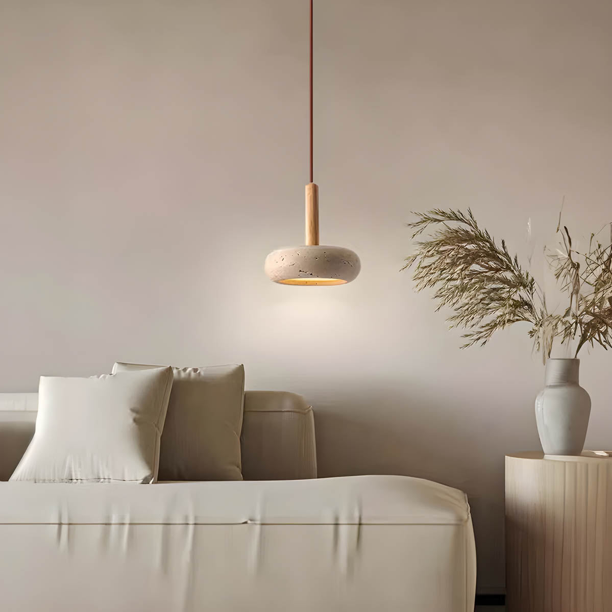 Yellow Travertine Pendant Lamp — Stone Fixture, Warm Glow