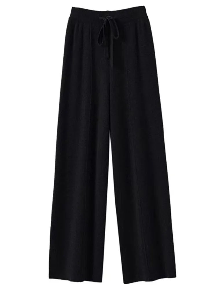 100% Cashmere High-Waist Wide-Leg Knit Trousers - Soft & Warm