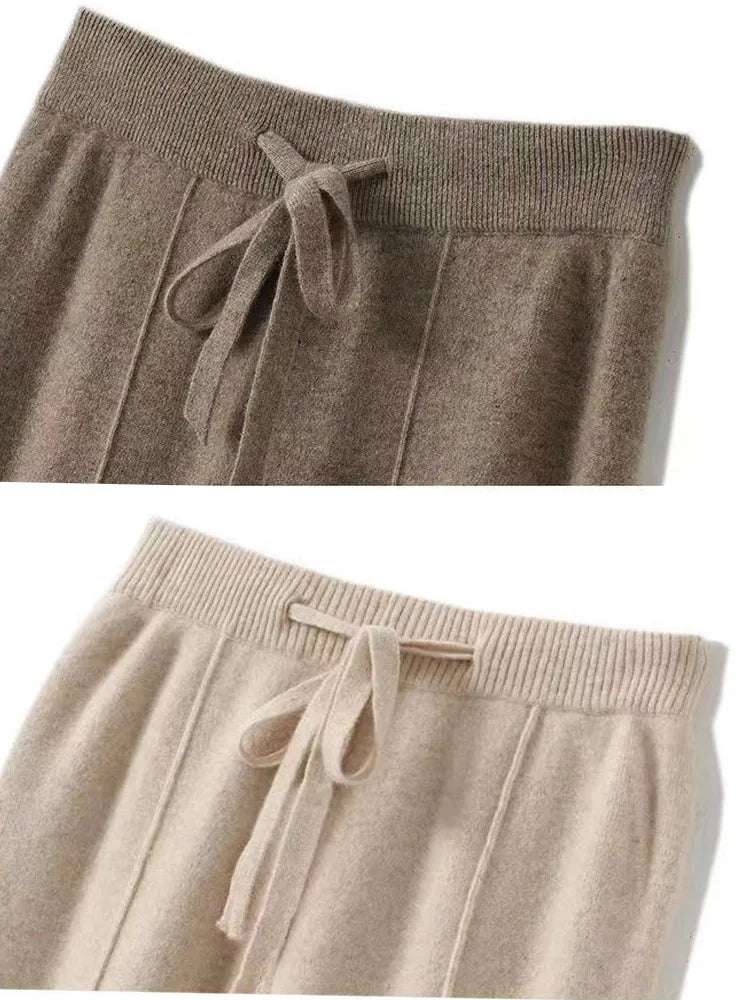 100% Cashmere High-Waist Wide-Leg Knit Trousers - Soft & Warm
