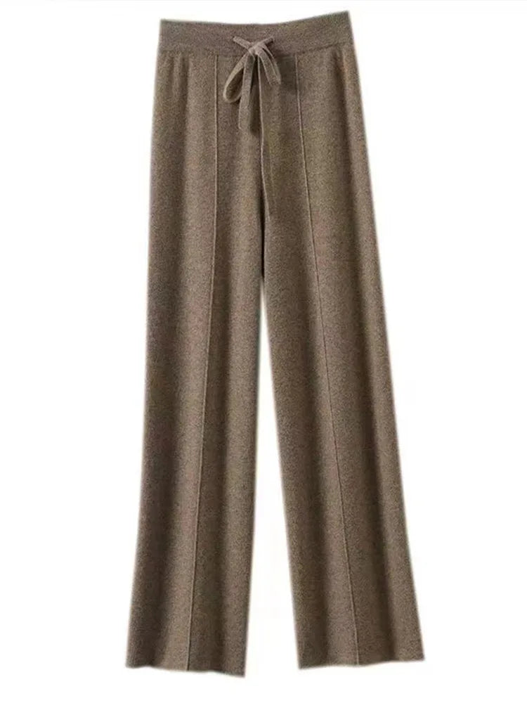 100% Cashmere High-Waist Wide-Leg Knit Trousers - Soft & Warm