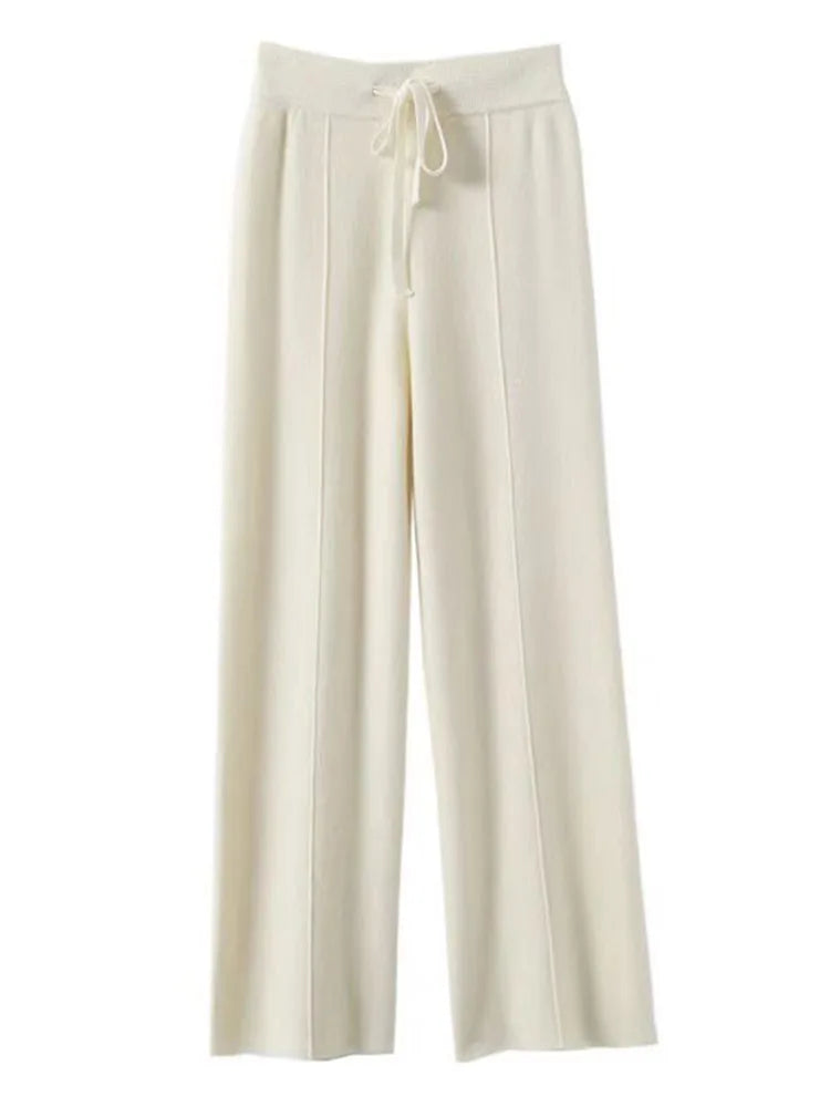100% Cashmere High-Waist Wide-Leg Knit Trousers - Soft & Warm