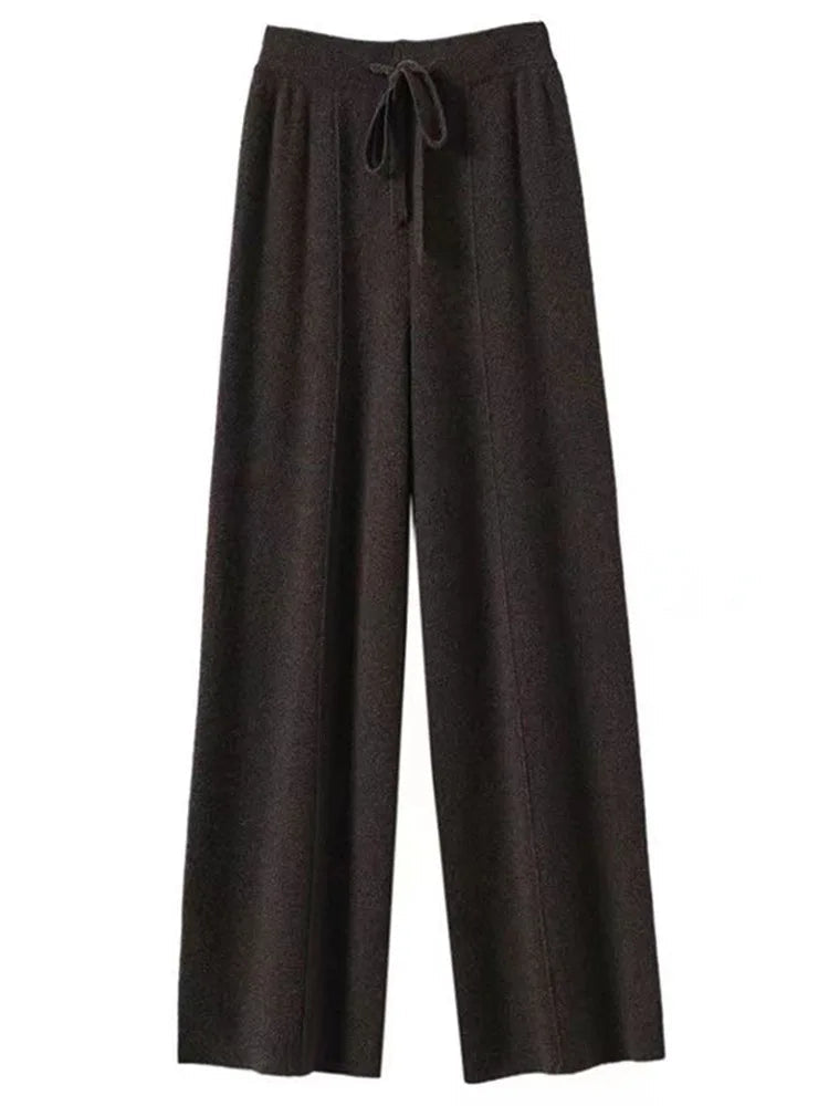 100% Cashmere High-Waist Wide-Leg Knit Trousers - Soft & Warm