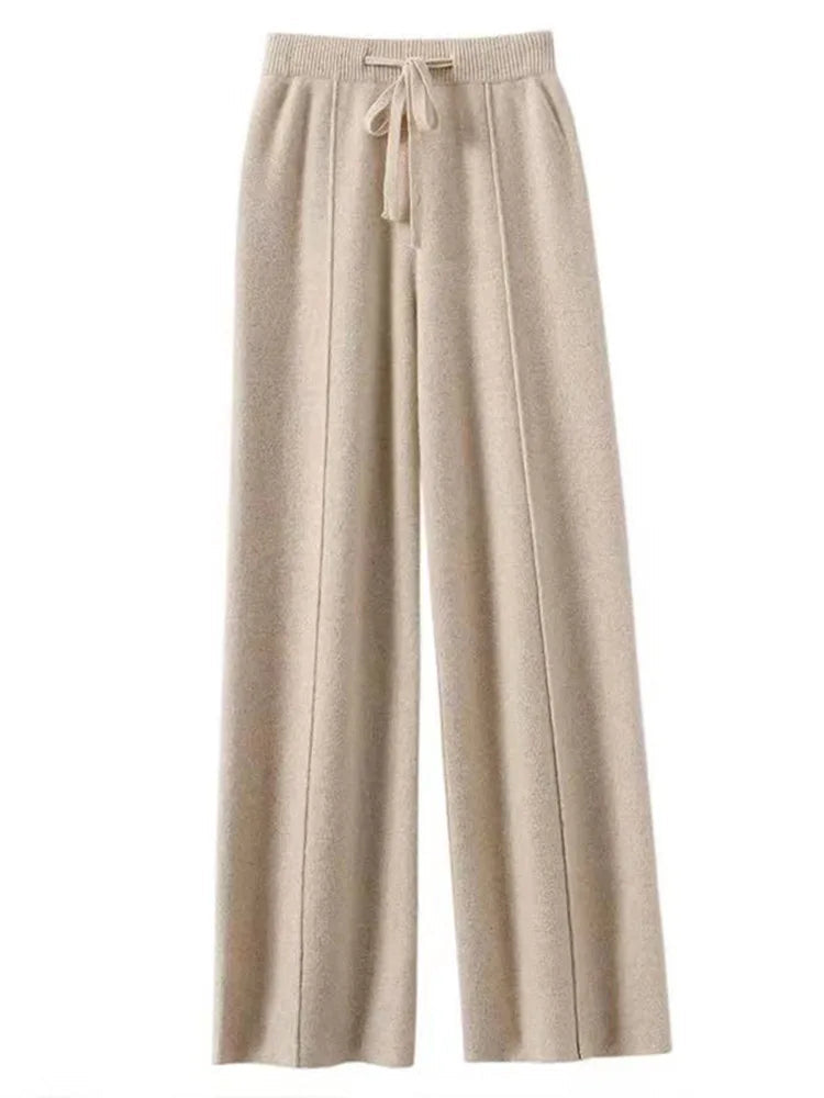 100% Cashmere High-Waist Wide-Leg Knit Trousers - Soft & Warm
