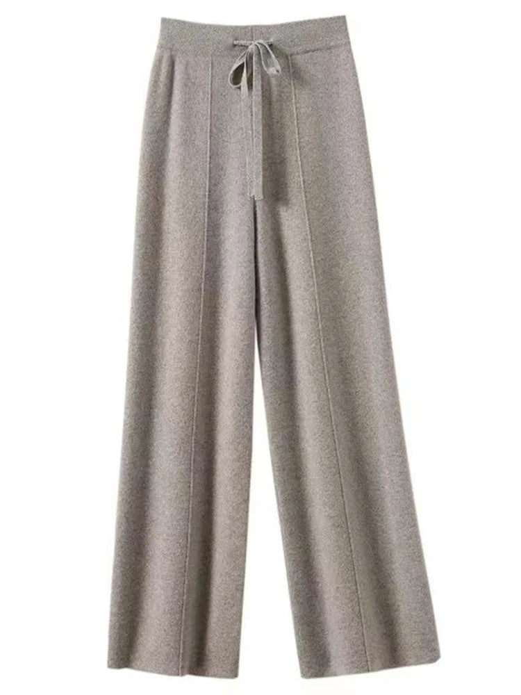100% Cashmere High-Waist Wide-Leg Knit Trousers - Soft & Warm