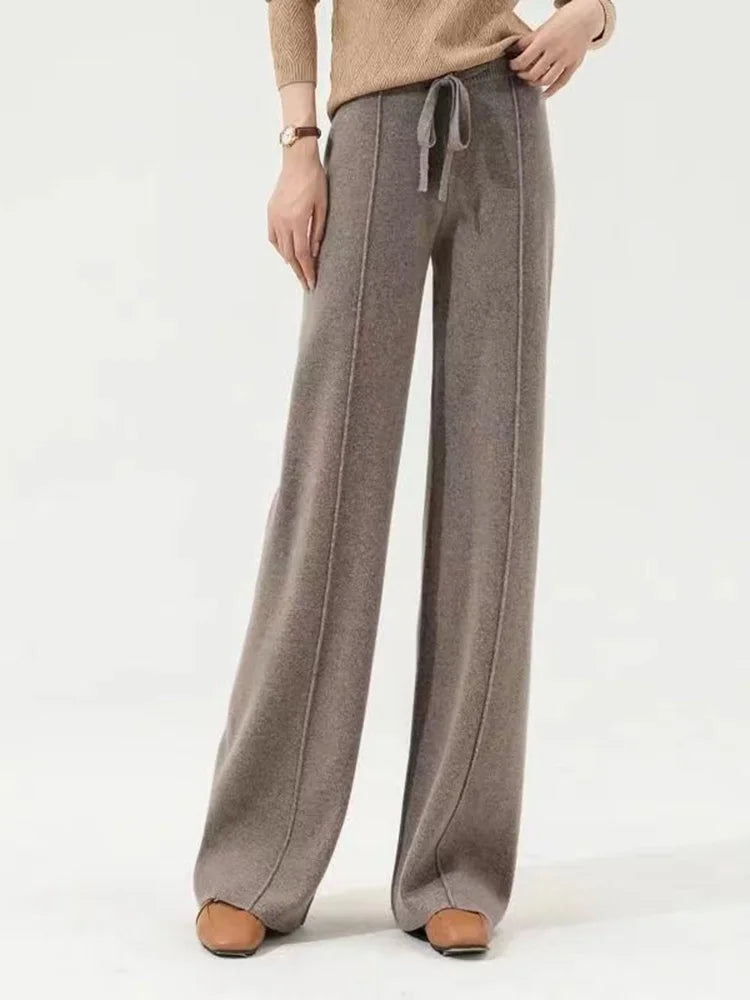 100% Cashmere High-Waist Wide-Leg Knit Trousers - Soft & Warm
