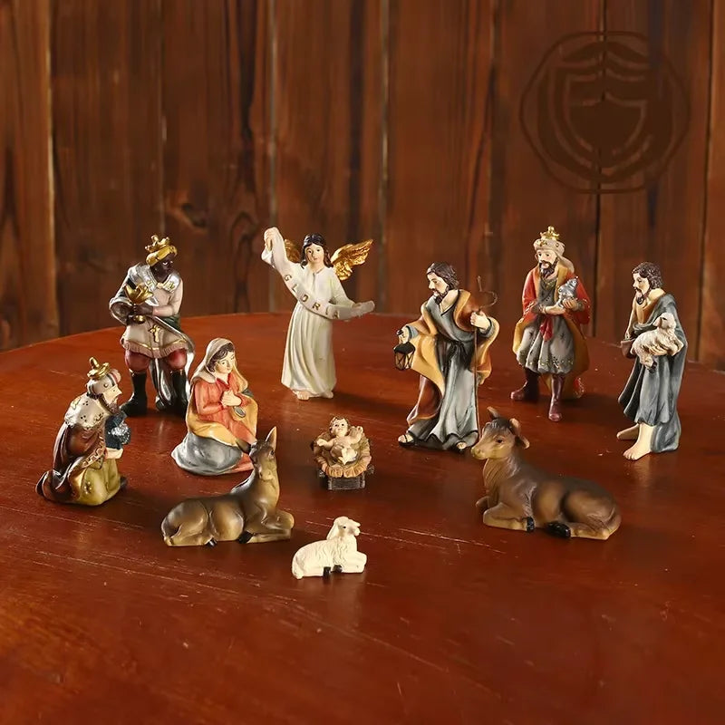 Crèche en résine de 11 pièces - figurines de scène de la Nativité pour intérieur et extérieur