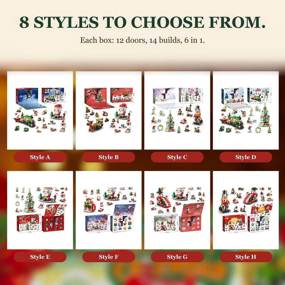 12-Door Christmas Building Block Advent Calendar, 14 Builds, 6-in-1, 8 Styles
