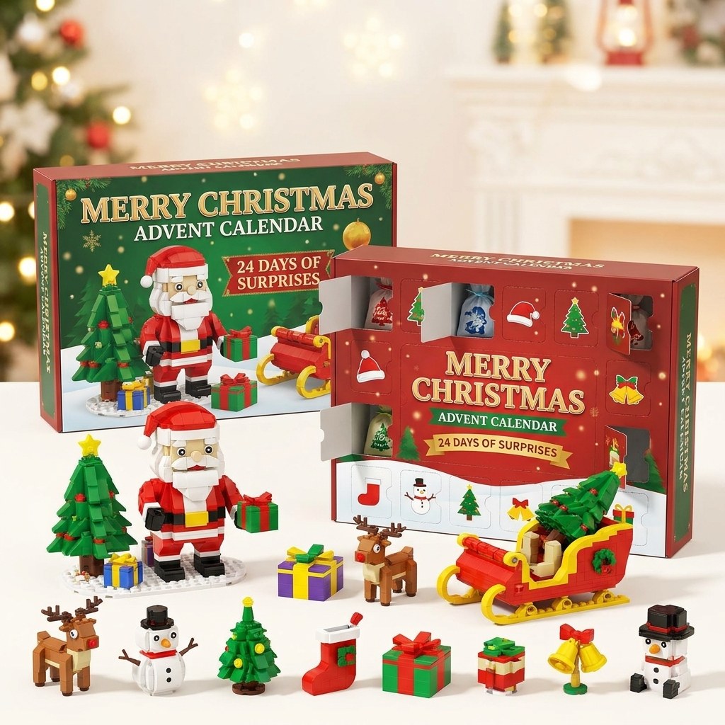 12-Door Christmas Building Block Advent Calendar, 14 Builds, 6-in-1, 8 Styles