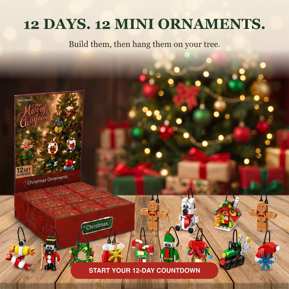 12 Blind Box Mini Brick Ornaments, 12-Day Christmas Countdown, Red or Pink Set