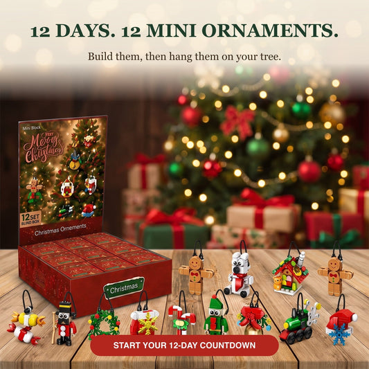 12 Blind Box Mini Brick Ornaments, 12-Day Christmas Countdown, Red or Pink Set