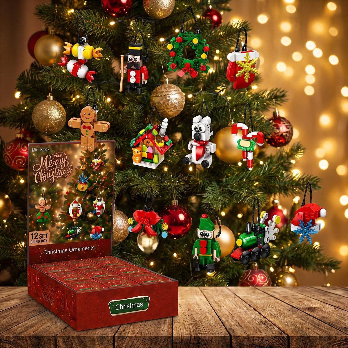 12 Blind Box Mini Brick Ornaments, 12-Day Christmas Countdown, Red or Pink Set