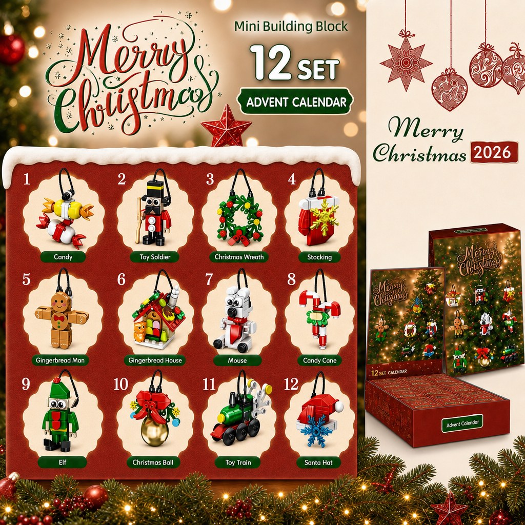 12 Blind Box Mini Brick Ornaments, 12-Day Christmas Countdown, Red or Pink Set