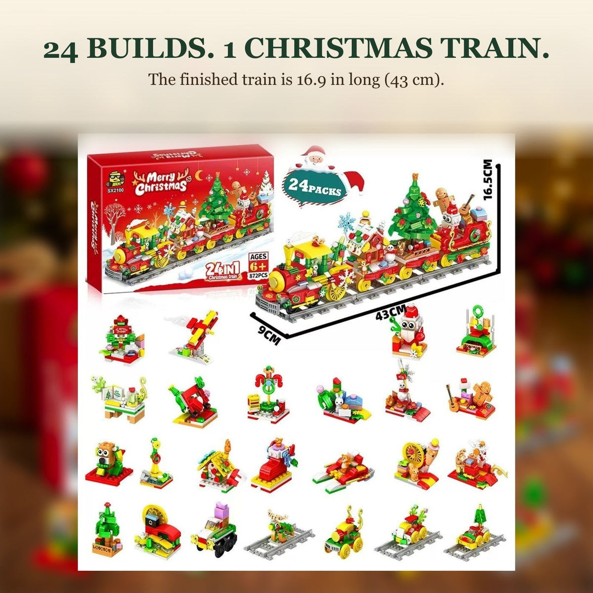 24-in-1 Brick Christmas Train Advent Calendar, 872 Pieces, About 17 in Long